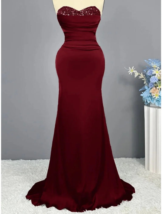 Evening Gown Elegant Dress Formal Sweep / Brush Train Christmas Red Green Dress Sleeveless Sweetheart Imitation Silk with Pleats Ruched Sequin