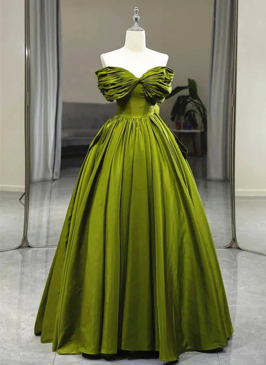 Green A-line Off Shoulder Satin Long Prom Dress