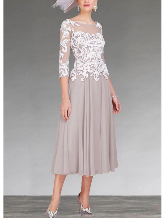 A-Line Mother of the Bride Dress Elegant Jewel Neck Asymmetrical Ankle Length Chiffon Lace 3/4 Length Sleeve
