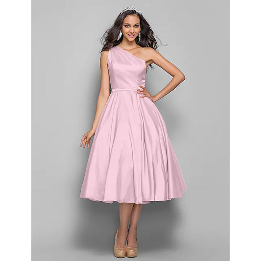 A-Line Minimalist Elegant Cocktail Party Wedding Party Dress One Shoulder Sleeveless Tea Length Taffeta with Sash / Ribbon