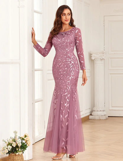 Evening Gown Elegant Dress Prom Floor Length Long Sleeve Jewel Neck Tulle with Embroidery
