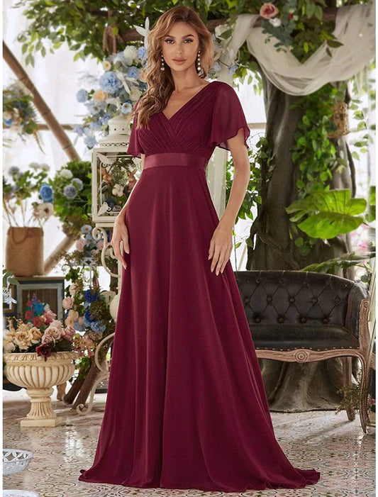 Evening Gown Party Dress Empire Dress Wedding Guest Formal Evening Floor Length Short Sleeve V Neck Bridesmaid Dress Chiffon V Back with Ruffles Pure Color