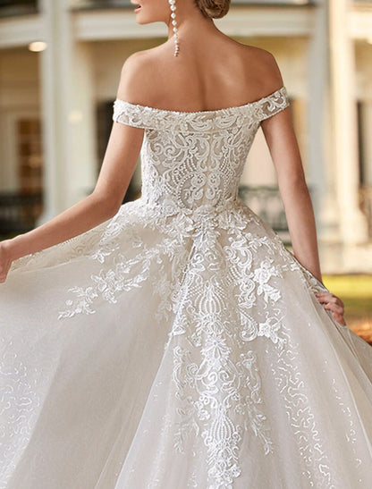 Engagement Formal Wedding Dresses Two Piece Off Shoulder Cap Sleeve Court Train Satin Bridal Gowns