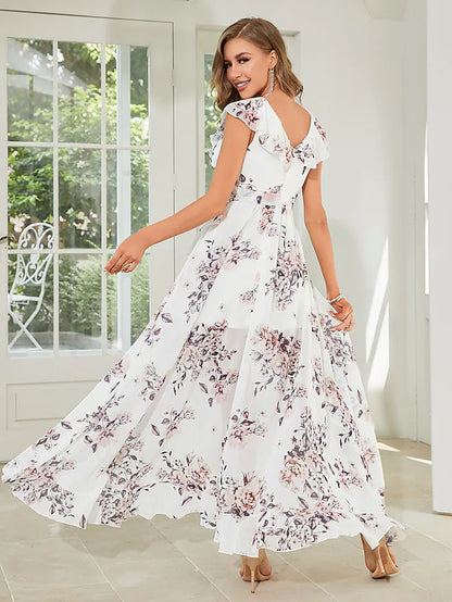 A-Line Wedding Guest Dresses Floral Dress Party Wear Asymmetrical Sleeveless V Neck Chiffon with Ruffles Strappy