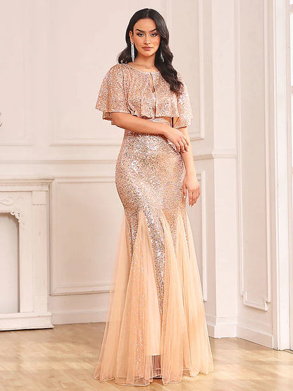 Two Piece Mermaid / Trumpet Party Dresses Sparkle & Shine Dress Prom Floor Length Sleeveless V Neck Capes Tulle V Back with Sequin Shawl