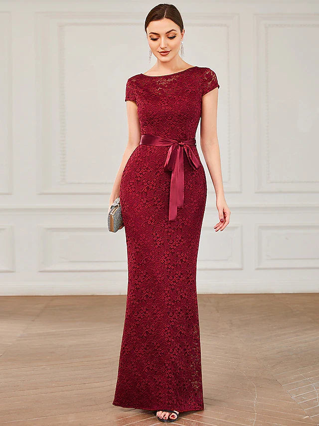 Evening Gown Vintage Dress Formal Floor Length Short Sleeve Jewel Neck Lace V Back with Strappy