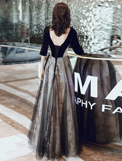 Evening Dress Illusion Neck Half Sleeve Floor Length Velvet with Sequin Appliques