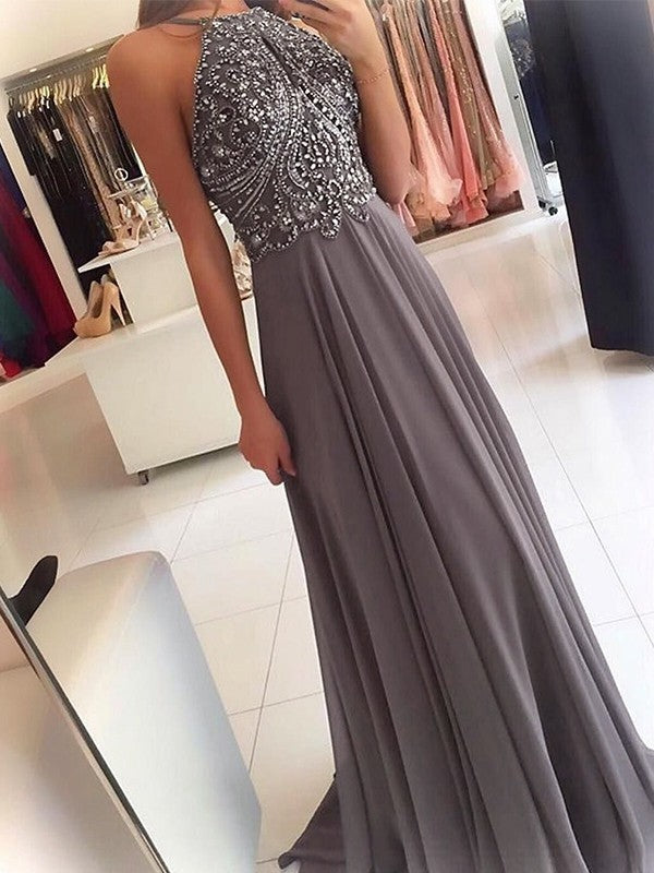 A-Line Sleeveless Floor-Length Beading Chiffon Dresses