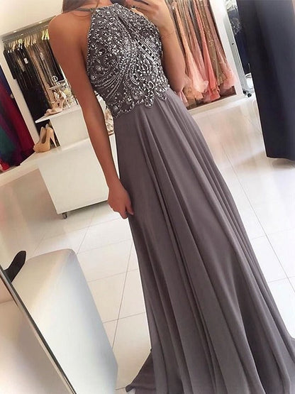 A-Line Sleeveless Floor-Length Beading Chiffon Dresses