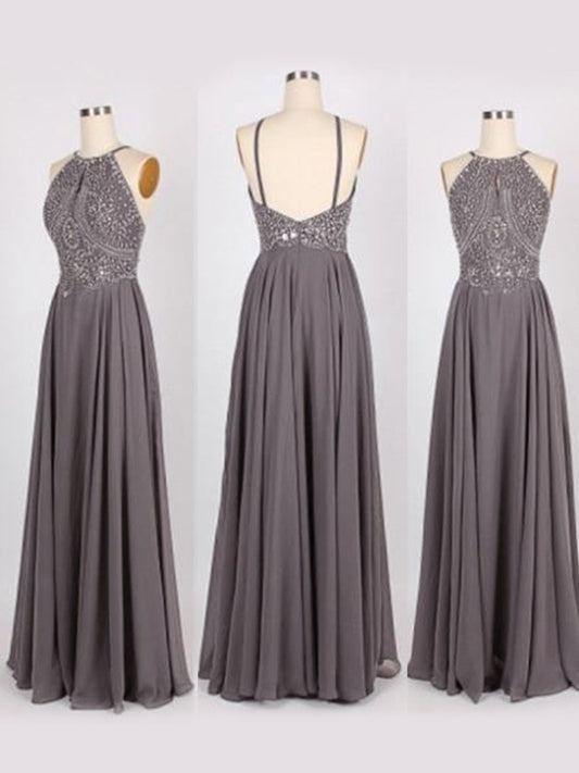 A-Line Sleeveless Floor-Length Beading Chiffon Dresses
