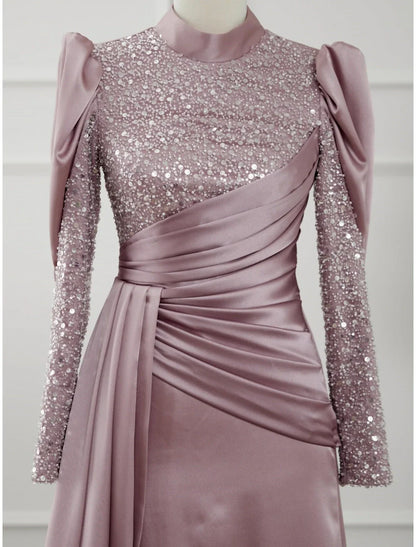 Evening Gown Sparkle & Shine Dress Formal Sweep / Brush Train Long Sleeve Jewel Neck Satin with Glitter Pleats Ruched
