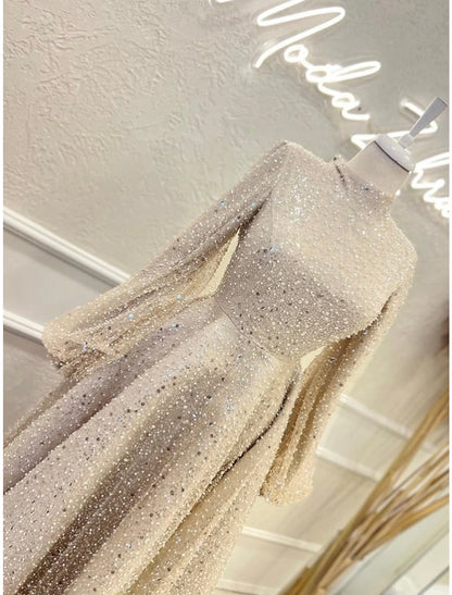 Evening Gown Elegant Dress Formal Ankle Length Long Sleeve High Neck Sequined with Glitter Pleats