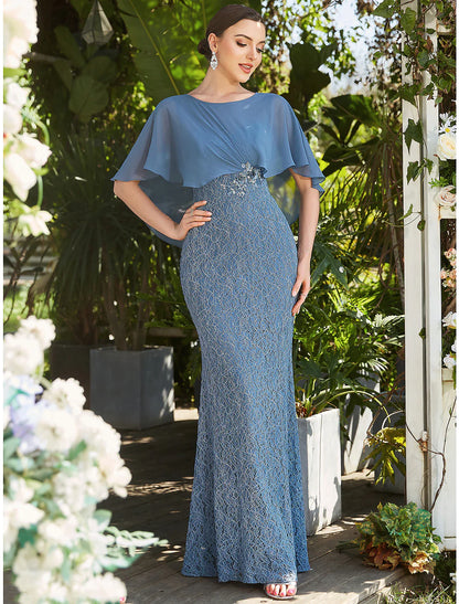 Mermaid / Trumpet Fall Wedding Guest Party Dresses Elegant Dress Formal Floor Length Sleeveless Jewel Neck Capes Lace with Appliques