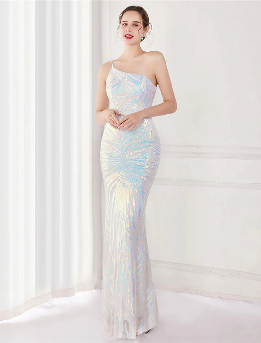 Mermaid / Trumpet Evening Gown Sparkle & Shine Dress Formal Floor Length Sleeveless One Shoulder Sequined with SequinMermaid / Trumpet Evening Gown Sparkle & Shine Dress Formal Floor Length Sleeveless One Shoulder Sequined with Sequin