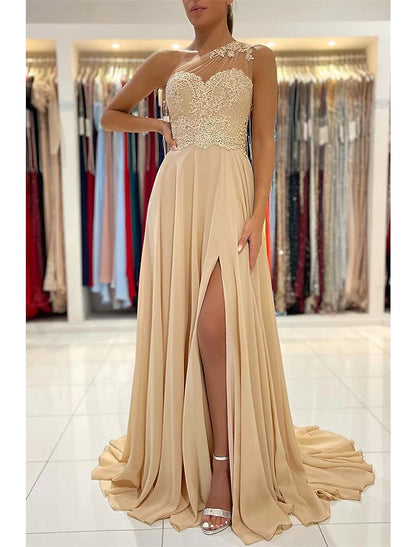 A-Line Prom Dresses Sexy Dress Formal Wedding Guest Court Train Sleeveless One Shoulder Chiffon
