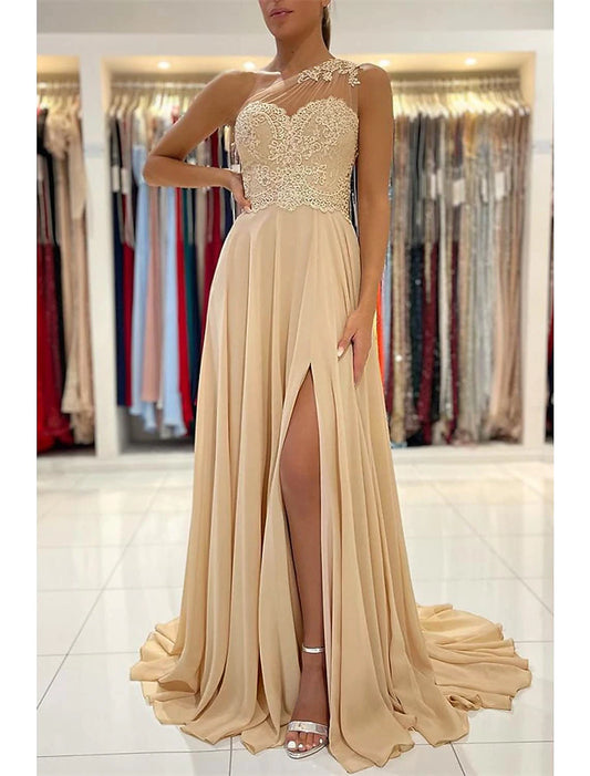 A-Line Prom Dresses Sexy Dress Formal Wedding Guest Court Train Sleeveless One Shoulder Chiffon