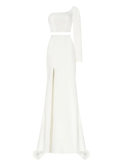 Sheath / Column Minimalist Sexy Prom Birthday Dress One Shoulder Long Sleeve Court Train Satin with Slit Pure Color