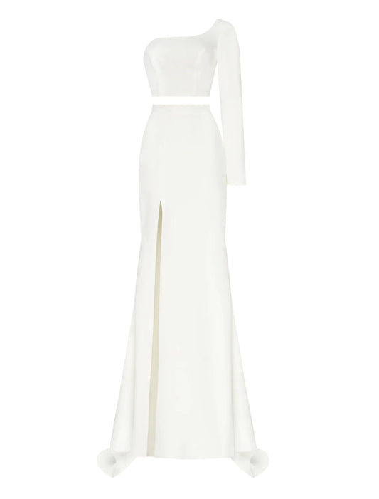 Sheath / Column Minimalist Sexy Prom Birthday Dress One Shoulder Long Sleeve Court Train Satin with Slit Pure Color