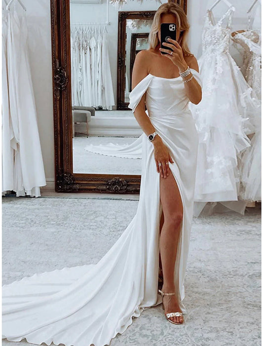 Reception Formal Wedding Dresses Sheath / Column Off Shoulder Sleeveless Court Train&nbsp; Bridal Suits Bridal Gowns With Pleats Ruched