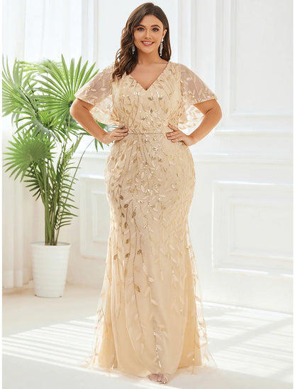 Mermaid / Trumpet Evening Gown Elegant Dress Formal Cocktail Party Floor Length Short Sleeve V Neck Fall Wedding Guest Tulle with Sequin