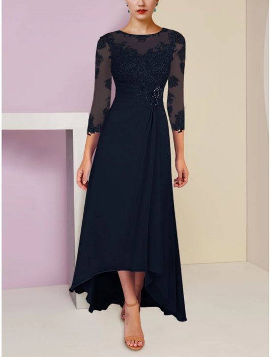 A-Line Mother of the Bride Dress Wedding Guest Elegant Scoop Neck Asymmetrical Ankle Length Chiffon 3/4 Length Sleeve