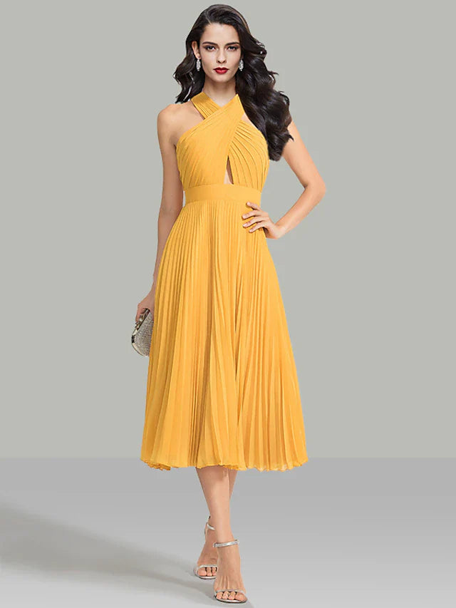 Cocktail Party Tea Length Sleeveless Halter Chiffon with Ruched