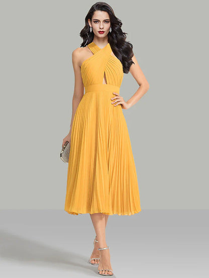 Cocktail Party Tea Length Sleeveless Halter Chiffon with Ruched