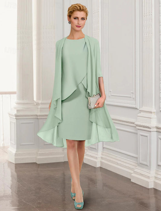 Two Piece Sheath / Column Mother of the Bride Dress Elegant Jewel Neck Knee Length Chiffon Half Sleeve Wrap Included