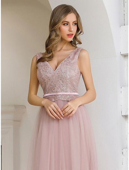 Evening Gown Elegant Dress Wedding Guest Formal Evening Floor Length Sleeveless V Neck Satin V Back with Sash / Ribbon Sequin