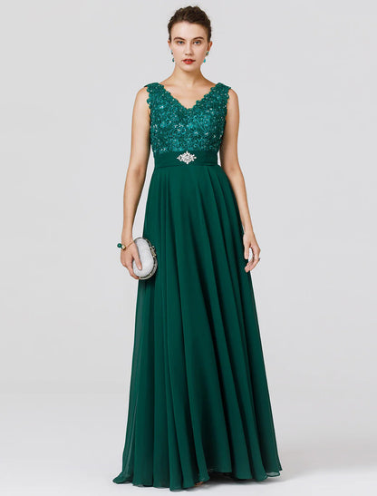 Wedding Guest Formal Evening Floor Length Sleeveless V Neck Chiffon V Back with Sash / Ribbon Beading