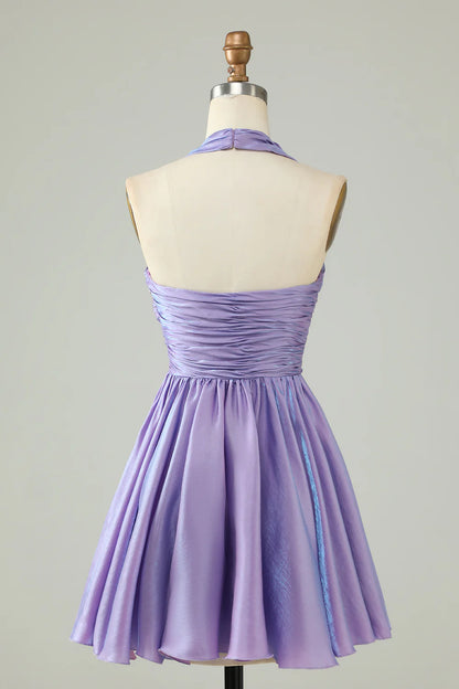 A-Line Satin Halter Purple Homecoming Dress With Pleated