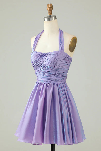 A-Line Satin Halter Purple Homecoming Dress With Pleated