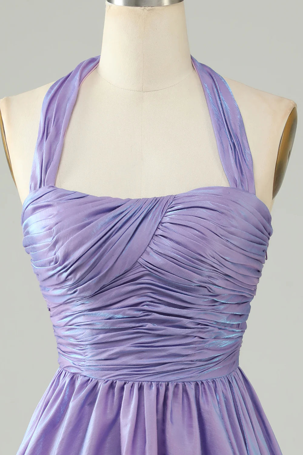 A-Line Satin Halter Purple Homecoming Dress With Pleated