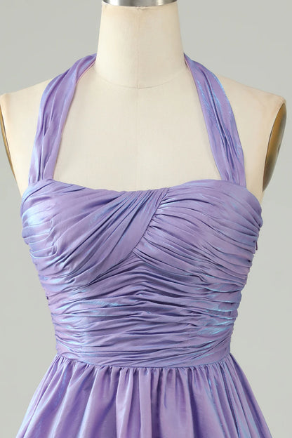 A-Line Satin Halter Purple Homecoming Dress With Pleated