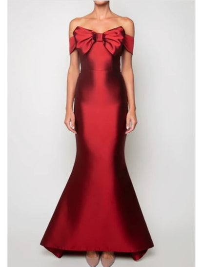 Evening Gown Vintage Dress Wedding Guest Floor Length Sleeveless Strapless Satin with Sleek Bow(s)