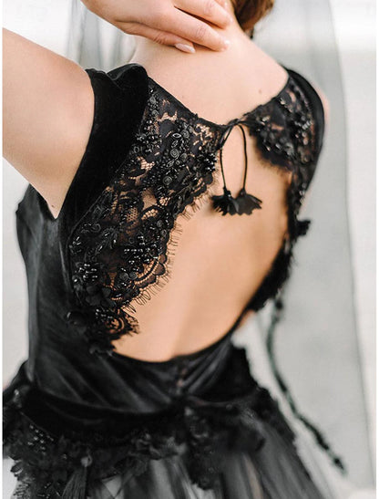 Beach Boho Black Wedding Dresses Ball Gown Square Neck Spaghetti Strap Sleeveless Court Train Lace Bridal Gowns