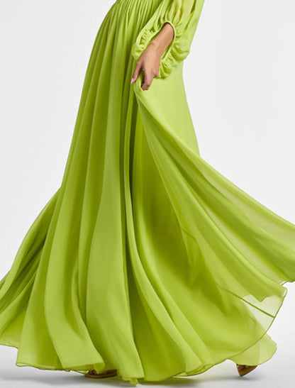 A-Line Evening Gown Elegant Dress Formal Wedding Party Floor Length Long Sleeve One Shoulder Fall Wedding Guest Chiffon