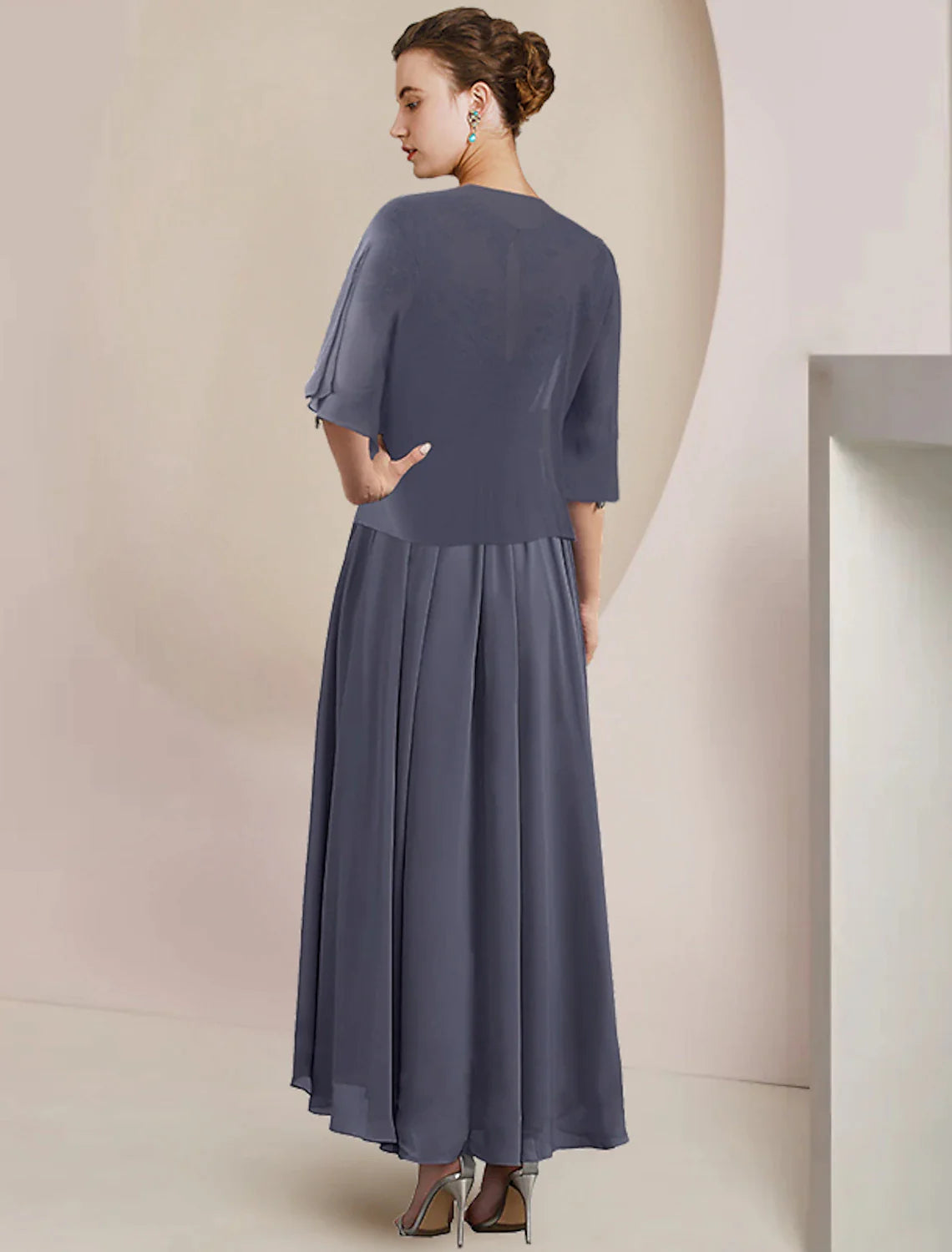 Two Piece A-Line Mother of the Bride Dress Formal Wedding Guest Elegant Scoop Neck Tea Length Chiffon Lace 3/4 Length Sleeve Wrap Included with Appliques Ruching