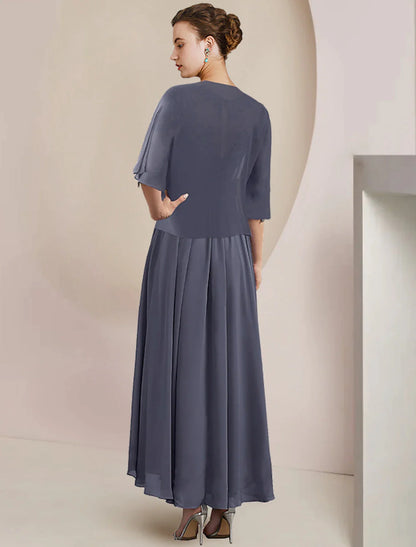 Two Piece A-Line Mother of the Bride Dress Formal Wedding Guest Elegant Scoop Neck Tea Length Chiffon Lace 3/4 Length Sleeve Wrap Included with Appliques Ruching