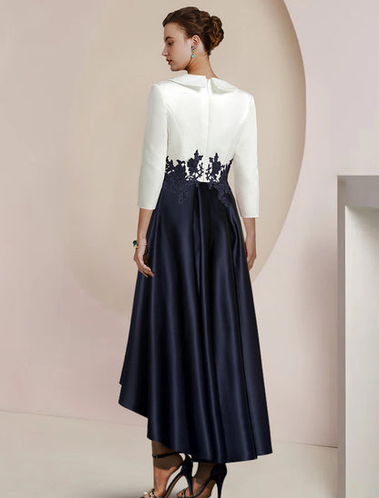 A-Line Mother of the Bride Dress Formal Wedding Guest Elegant High Low Shirt Collar Asymmetrical Tea Length Satin Lace 3/4 Length Sleeve