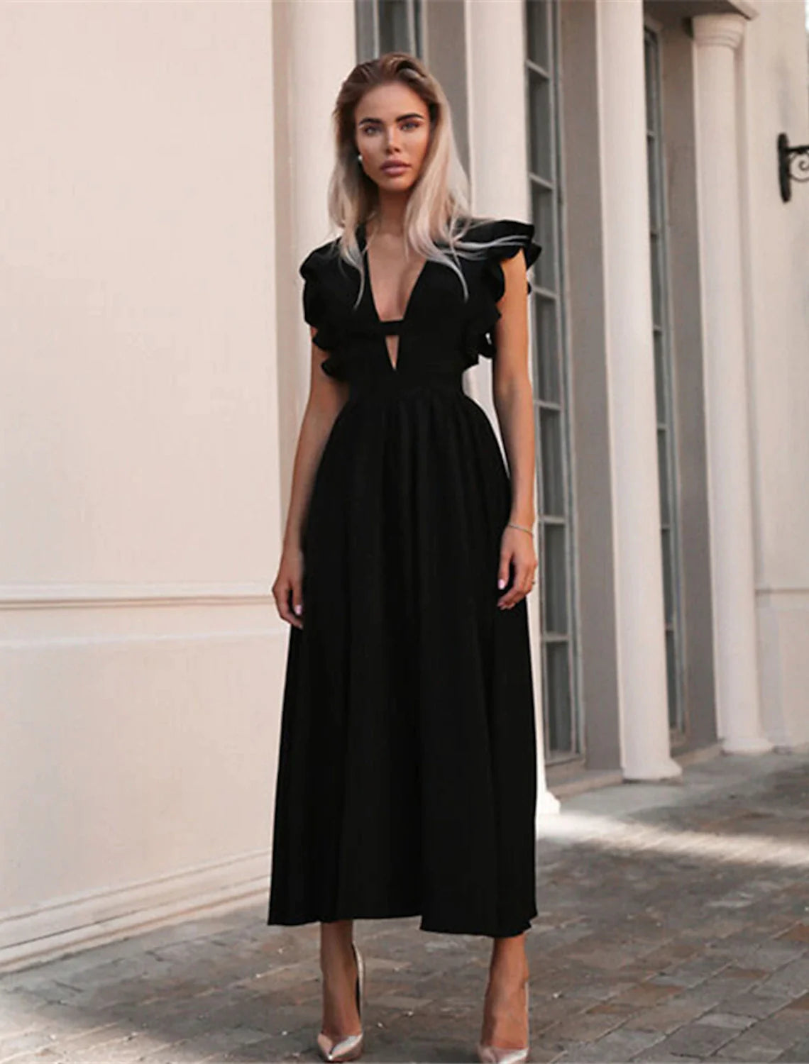 A-Line Princess Cute Wedding Guest Prom Dress V Neck Sleeveless Tea Length Stretch Fabric with Ruffles Pure Color