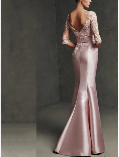 Mermaid / Trumpet Mother of the Bride Dress Formal Elegant Party Scoop Neck Floor Length Satin Lace 3/4 Length Sleeve