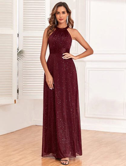 Evening Gown Empire Dress Evening Party Dress Wedding Reception Floor Length Sleeveless Halter Neck Polyester Backless V Back with Glitter