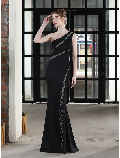 Mermaid / Trumpet Evening Gown Sexy Dress Wedding Guest Floor Length Sleeveless One Shoulder Satin with Crystals