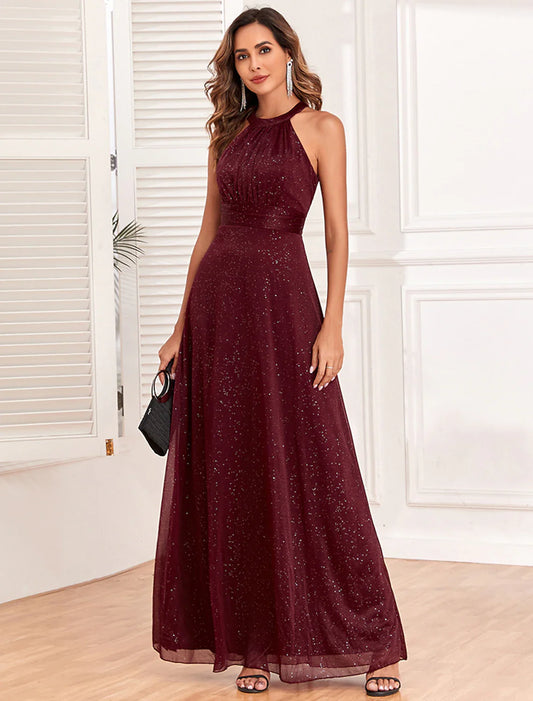 Evening Gown Empire Dress Evening Party Dress Wedding Reception Floor Length Sleeveless Halter Neck Polyester Backless V Back with Glitter