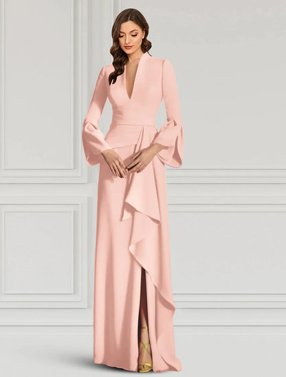Sheath Evening Gown Elegant Black Dress Formal Cocktail Party Dress Floor Length Long Sleeve V Neck Fall Wedding Guest with Ruffles