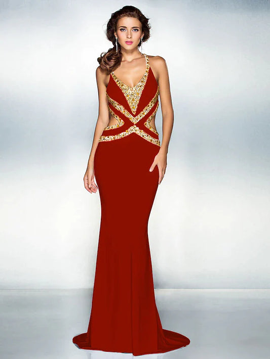 Mermaid / Trumpet Sparkle Dress Wedding Guest Sweep / Brush Train Sleeveless V Neck Jersey Crisscross Back with Crystals