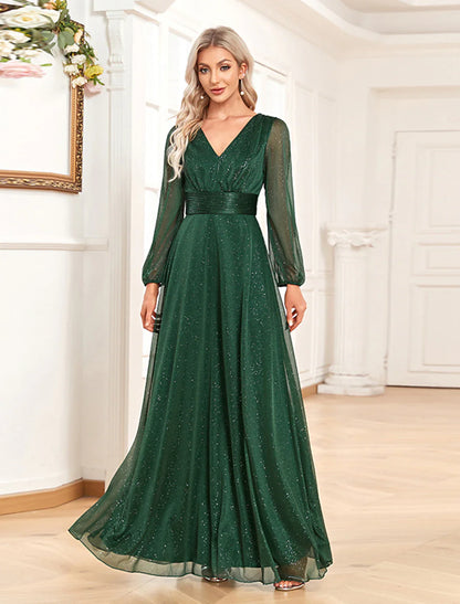 Evening Gown Elegant Dress Formal Floor Length Long Sleeve V Neck Chiffon with Sequin