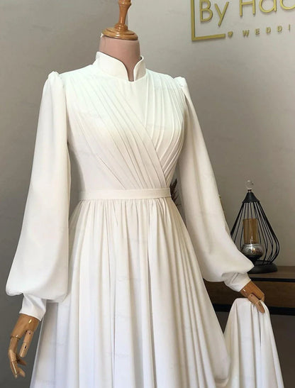 Hall Vintage 1940s / 1950s Casual Wedding Dresses A-Line High Neck Long Sleeve Court Train Chiffon Bridal Gowns With Pleats Solid Color