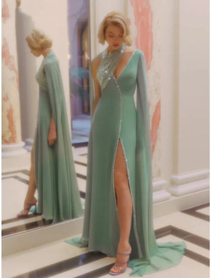Evening Gown Elegant Dress Formal Court Train Sleeveless V Neck Sequined with Glitter Pleats Slit